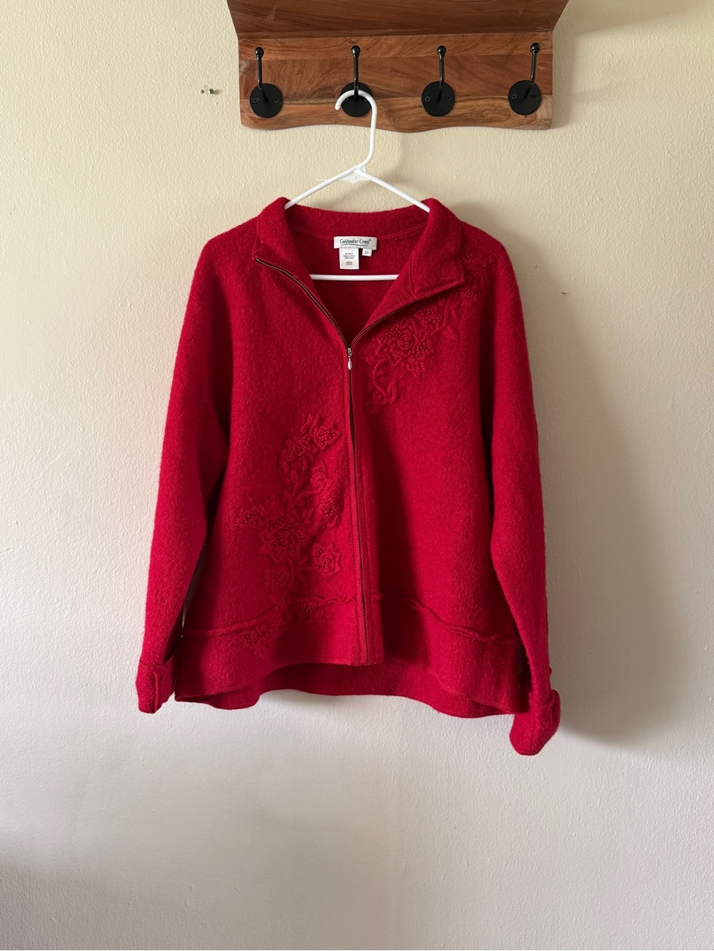 Coldwater Creek Red 100% Boiled Wool Embroidered Floral Zip Up Jacket Size 2X